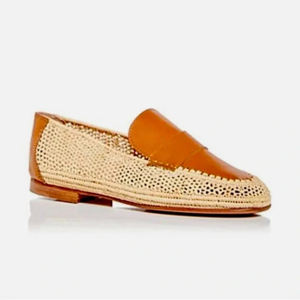 CARRIE FORBES Leather & Raffia Strap Notched Mumba Loafers